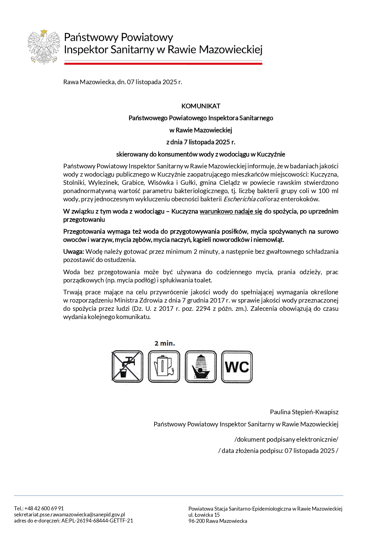 Komunikat dla konsumentów wody z wodociągu w Kuczyźnie