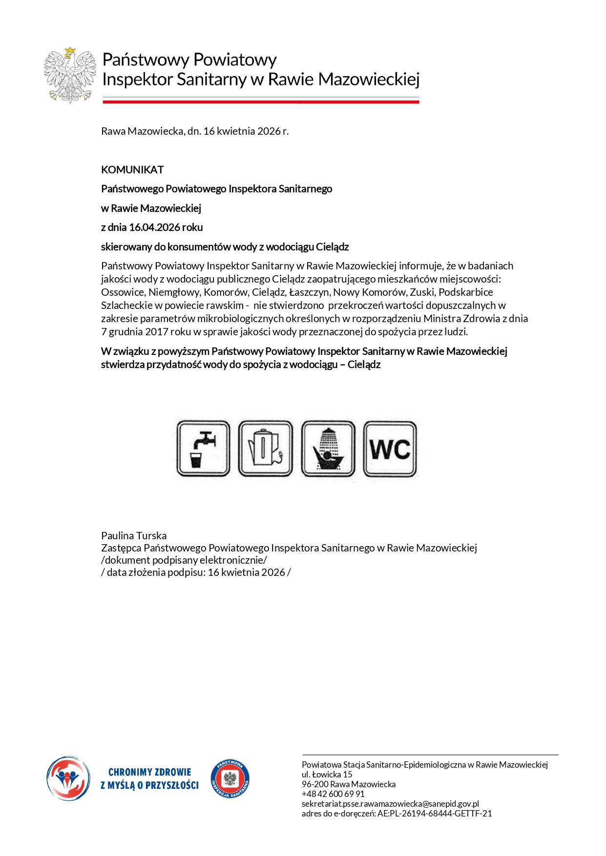 Treść komunikatu Państwowego Powiatowego Inspektora Sanitarnego z dn. 16.04.2026r. o jakości wody